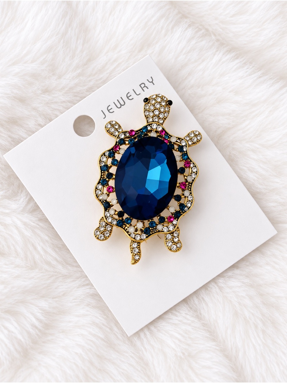 Gold Turtle Brooch with Large Blue Crystal and colorful stones New